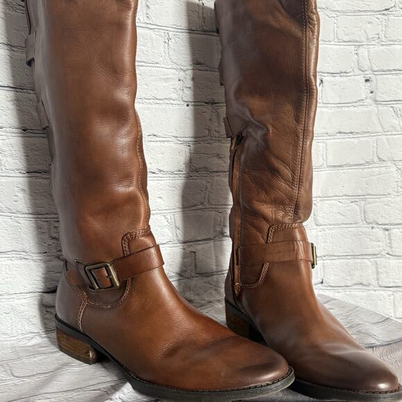 ARTURO CHIANG Brown Leather Tall Heeled Boots Riding Size 9 Stacked Heel - Picture 6 of 11